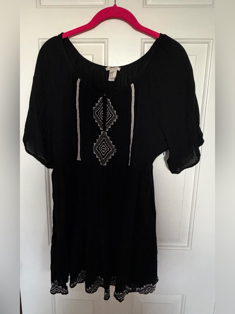 Forever 21 Black Tunic with White Embroidered Front